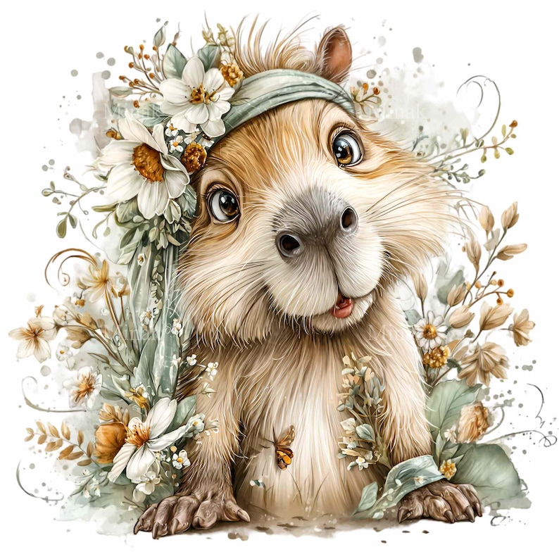 May include: A watercolor illustration of a cute capybara with big eyes, wearing a green headband and surrounded by white and yellow flowers. A small butterfly is near the capybara's paw. The capybara has brown fur and a friendly expression.