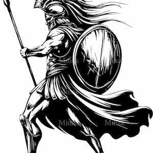 4 archivos SVG de soldado griego: archivo de corte de guerrero espartano: diseño de casco y escudo antiguo para Cricut, plantilla de tatuaje o decoración de batalla heroica