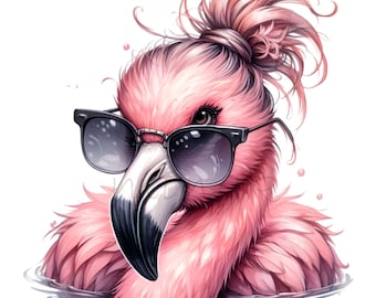15 PNG Pink Flamingo Clipart – Fashion Bird Illustration with Sunglasses for Sublimation Prints