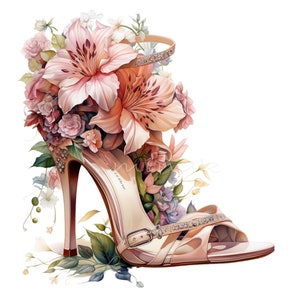 10 Floral High Heel PNG Clipart - Elegant Shoe with Blooming Flowers and Pastel Details - Digital Download