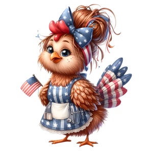 10 Patriotic Hen PNG Clipart with USA-Themed Outfit and Flag - Digital Download for Holiday Crafts
