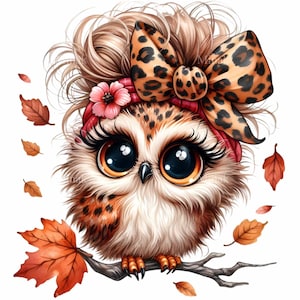 12 PNG Leopard bow owl - Herbst Eule PNG Clipart - Niedlicher Herbstvogel für saisonales Kunsthandwerk, Kinderzimmerdekor, Grußkarten, Babyentwürfe