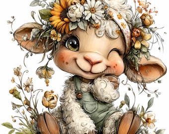 14 PNG Winking Lamb Sunflower, Green Overalls Clipart