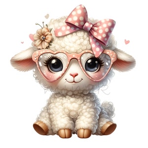 Clipart lam, 10 PNG grappige schapenglazen lente Pasen kaarten maken, babyshower, cadeaubon, afdrukbaar, mok beker sublimatie