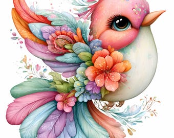以下が含まれることがあります： ピンク色の頭と体を持つ鳥の気まぐれなイラスト。カラフルな羽と花で飾られています。鳥は大きく表現力豊かな目を持ち、繊細なくちばしを持っています。このアートワークは、ピンク、オレンジ、青、緑の鮮やかなパレットを特徴とし、陽気で芸術的なデザインを作り出しています。