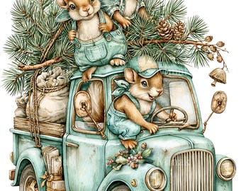 12 Squirrels Driving Truck Png, Vintage Pickup Pine Tree Christmas Clipart