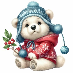 15 imágenes PNG de oso de invierno: adorable oso blanco con capucha roja de copo de nieve y gorro azul con pompón sosteniendo bayas de acebo, arte navideño