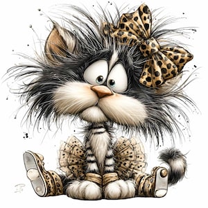 May include: A cartoon illustration of a cat with black and white fur, large blue eyes, and a surprised expression. The cat wears a leopard print bow, matching leg warmers, and slippers. The image has a white background.