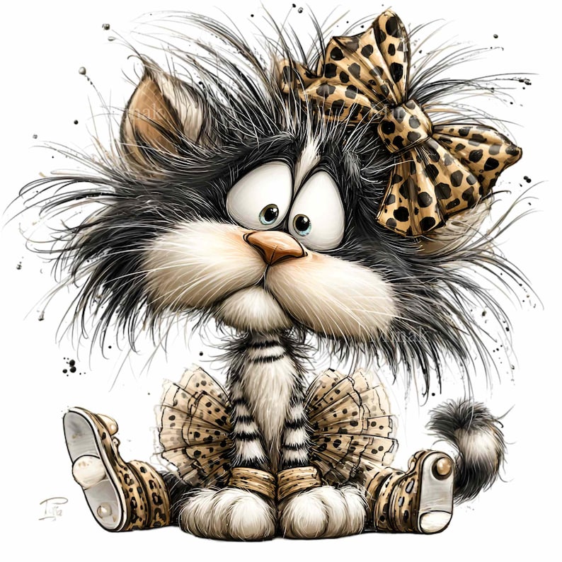 May include: A cartoon illustration of a cat with black and white fur, large blue eyes, and a surprised expression. The cat wears a leopard print bow, matching leg warmers, and slippers. The image has a white background.