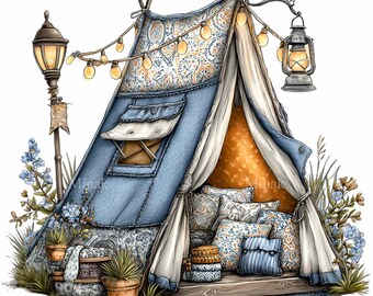15 Tent Camping Light PNG Clipart, Patchwork Rustic Cottage Art