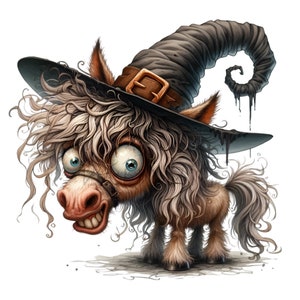 15 PNG Hexen Esel Clipart - Lustiges Halloween PNG - Gruselige Cartoon-Tierkunst für Partyeinladungen, Humor-Dekor, gruselig süßes Kunsthandwerk