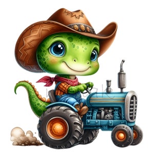 Süße Dinosaurier Farmer 10 PNG PNG Traktor Farm Kinder Illustration, Clipart, bedruckbar, DIY Kartenherstellung