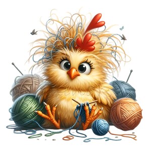 May include: A yellow chick with a red comb and a messy nest of yarn on its head is knitting with yarn balls of various colors around it.