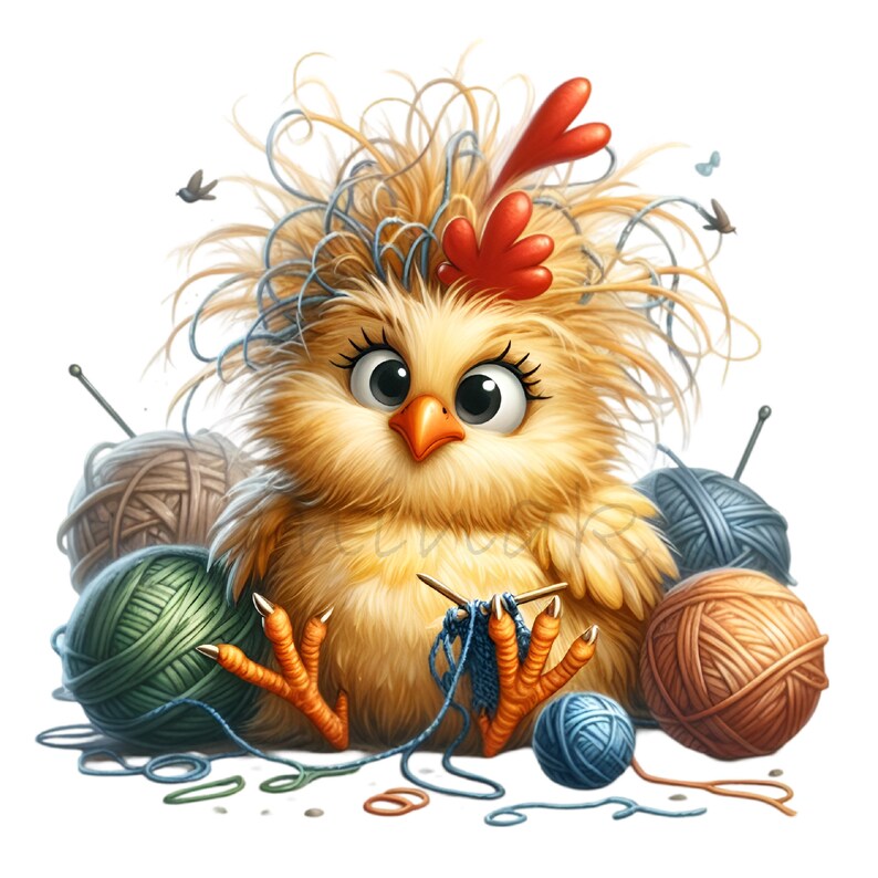 May include: A yellow chick with a red comb and a messy nest of yarn on its head is knitting with yarn balls of various colors around it.