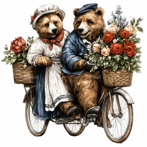 Puede incluir: Ilustración de dos osos en bicicleta, cada uno con una cesta de flores. Uno lleva chaqueta y gorra azules, el otro un vestido y sombrero blancos. La bicicleta es marrón con detalles plateados.