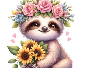 May include: A cute cartoon sloth wearing a flower crown and holding a bouquet of sunflowers. The sloth has brown fur and big brown eyes. The flowers are pink, blue, and yellow.