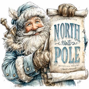 10 PNG vintage Père Noël avec signe du pôle Nord - Clipart PNG Noël bleu - Art d'étiquette de vacances pour impressions, cartes de voeux, décoration