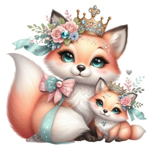 10 PNG renard royal maman et bébé PNG Clipart avec des couronnes, des noeuds et des fleurs, jolie paire de renard des bois pour art mural de chambre d'enfant et décoration de baby shower