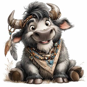 K&ouml;nnte beinhalten: Cartoon-Illustration eines l&auml;chelnden, pelzigen Bisons mit grauem und wei&szlig;em Fell. Der Bison tr&auml;gt ein Perlenstirnband, eine Halskette und einen gemusterten Schal. Federn h&auml;ngen von seinen H&ouml;rnern. Der Bison sitzt in einem B&uuml;schel trockenem Gras.
