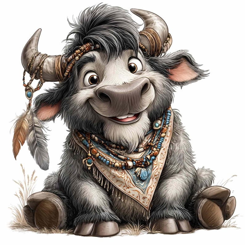 K&ouml;nnte beinhalten: Cartoon-Illustration eines l&auml;chelnden, pelzigen Bisons mit grauem und wei&szlig;em Fell. Der Bison tr&auml;gt ein Perlenstirnband, eine Halskette und einen gemusterten Schal. Federn h&auml;ngen von seinen H&ouml;rnern. Der Bison sitzt in einem B&uuml;schel trockenem Gras.