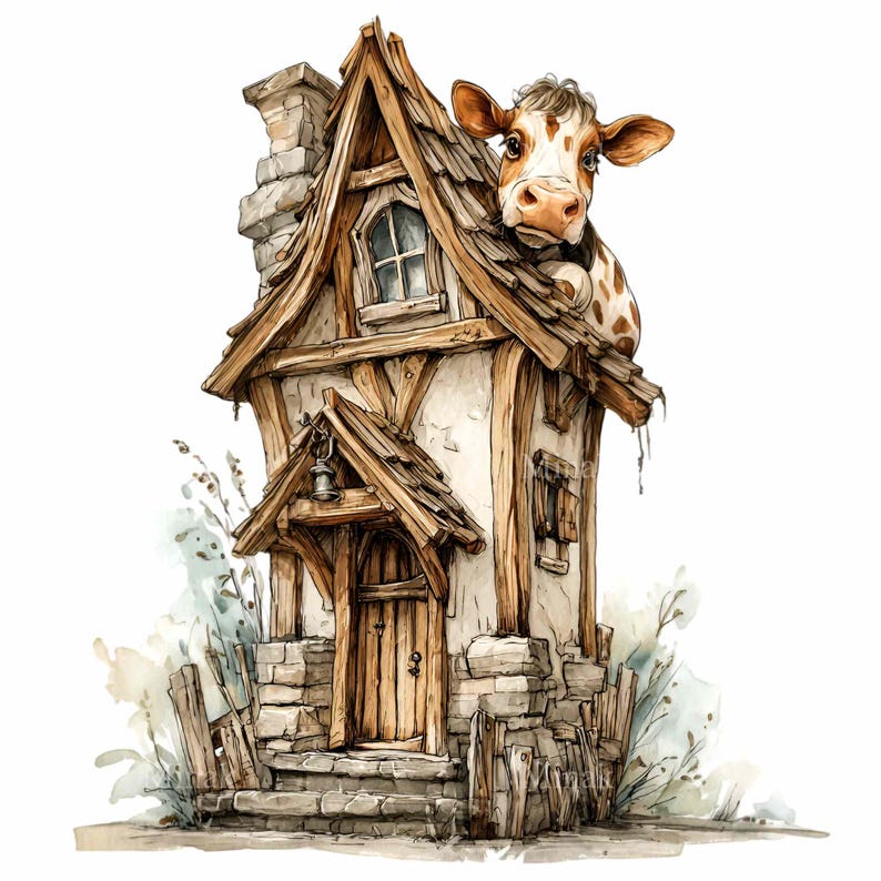 16 PNG Whimsical Cow House Clipart – Fairytale Farmhouse With Animal on ...