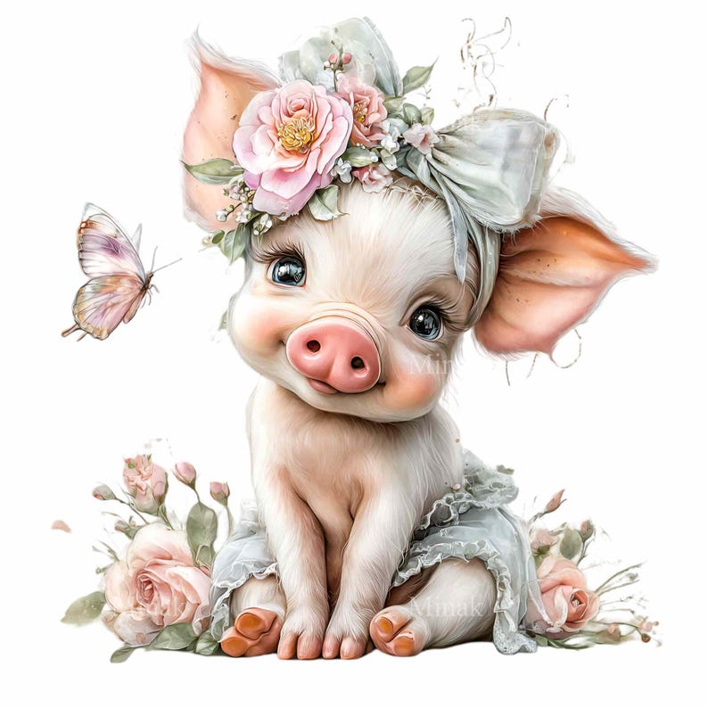 May include: A charming illustration of a piglet with a floral headband and a light blue dress. The piglet has large, expressive eyes and a sweet smile. A butterfly hovers nearby, and pink roses surround the piglet.
