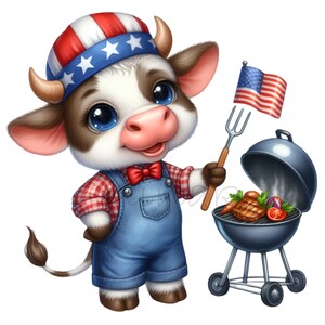 15 Patriotycznych Krów PNG Clipart z Flagą USA i Grillem - Cyfrowe Pobieranie na Grilla i Świąteczne Rzemiosło