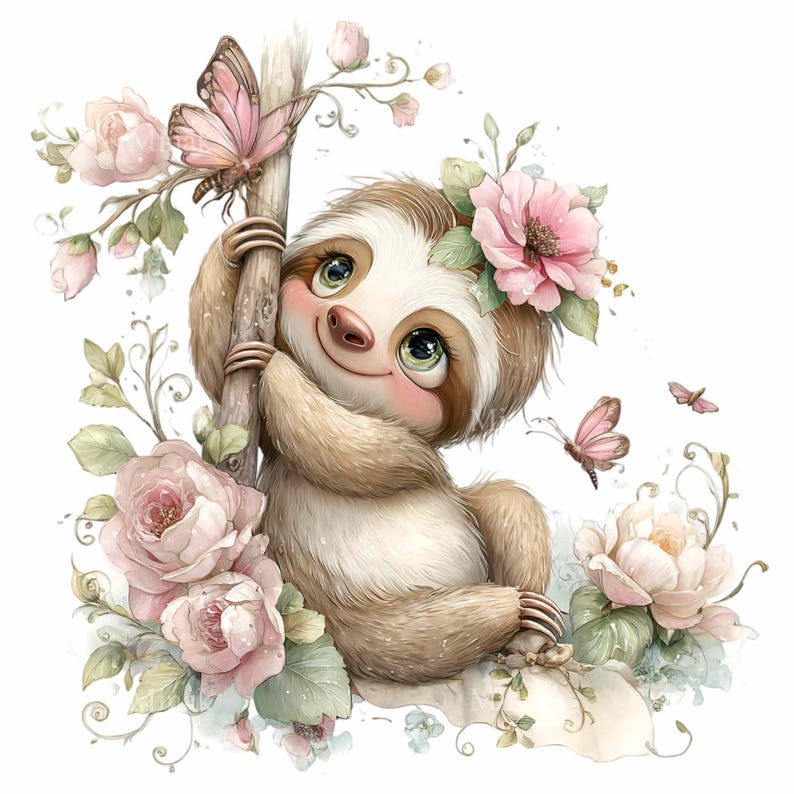 16 PNG Floral Sloth Clipart – Whimsical Animal Illustration With ...
