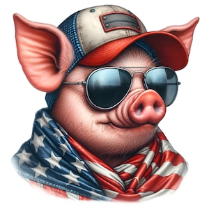 12 imágenes prediseñadas de cerdo patriótico PNG / Arte animal con bandera de EE. UU. / Cerdo genial con gafas de sol / Ilustración de animal de granja del 4 de julio