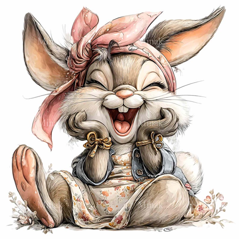 Puede incluir: Ilustraci&oacute;n en acuarela de un conejo sonriente con un pa&ntilde;uelo rosa y un vestido floral. El conejo est&aacute; sentado con las manos bajo la barbilla, con una expresi&oacute;n alegre. La imagen tiene una paleta de colores suaves y pastel y un ambiente caprichoso.