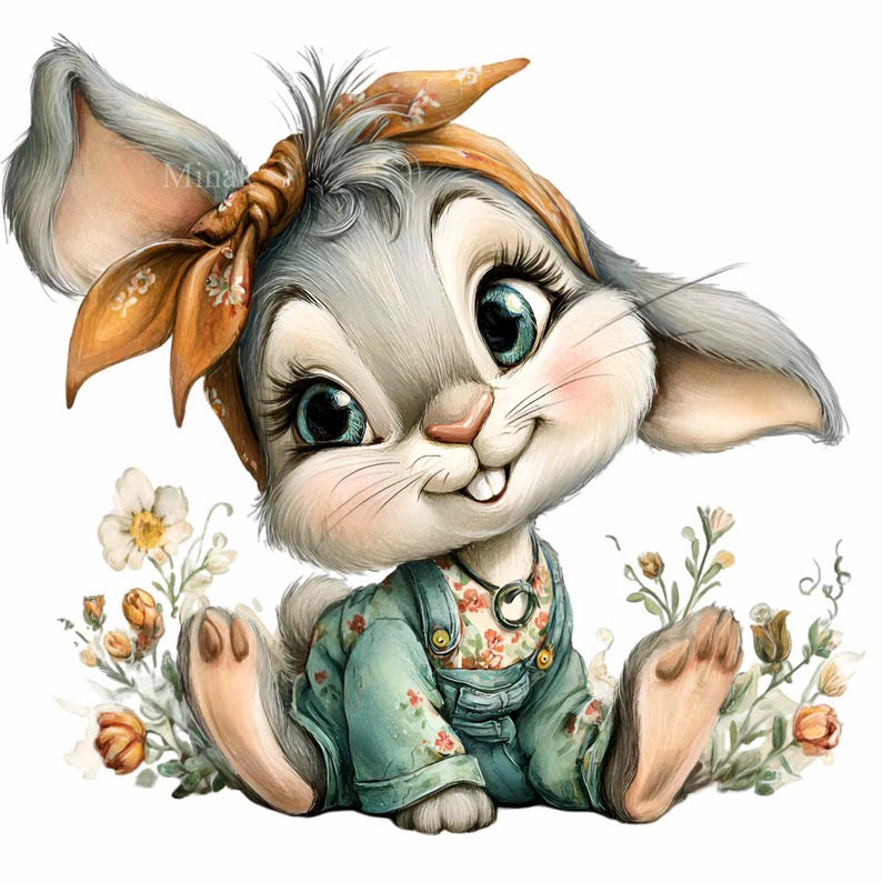 Puede incluir: Una encantadora ilustraci&oacute;n de un conejo gris con grandes ojos azules, que lleva un mono con estampado floral y una bandana amarilla. El conejo est&aacute; rodeado de flores, creando una escena caprichosa y alegre.