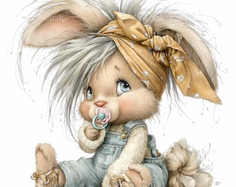 16 PNG Baby Bunny Clipart, Yellow Headband Rabbit Sublimation, Newborn Nursery Art