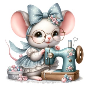 Image clipart souris, travaux manuels de couture 10 PNG, machine à coudre couturière, sublimation, création de cartes imprimables, baby shower, illustrations graphiques