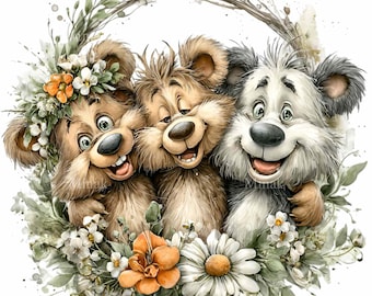 15 Three Bears With Floral Wreath Png Daisy Spring Vintage Sublimation