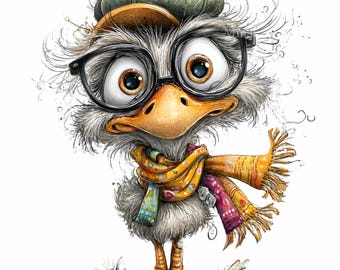 12 imágenes prediseñadas PNG de avestruz nerd con gafas, bufanda con estampado