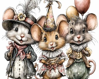 10 PNG Vintage Party Mice Whimsical Dressing Mouse Clipart