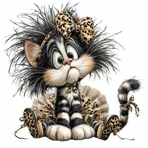May include: A cartoon illustration of a cat with black and white fur, large green eyes, and a surprised expression. The cat wears a leopard print bow, headband, and shoes, with a matching bow on its tail. It is dressed in a tutu.
