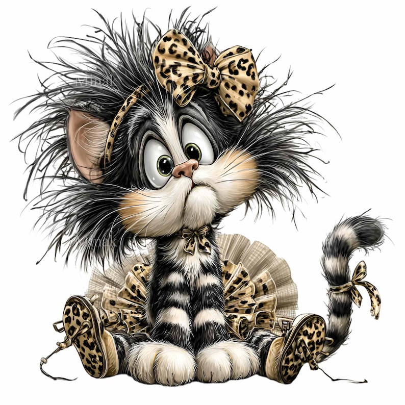 May include: A cartoon illustration of a cat with black and white fur, large green eyes, and a surprised expression. The cat wears a leopard print bow, headband, and shoes, with a matching bow on its tail. It is dressed in a tutu.