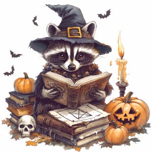 12 cliparts PNG Halloween sorcière raton laveur - livre magique, citrouilles, chauves-souris, tête de mort, bougie - art numérique effrayant mignon