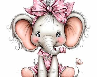 16 Bebé Elefante Lazo Rosa Png, Mariposa de Lunares Pastel