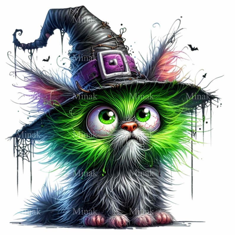 10 PNG Spooky Witch Cat – Halloween Green Hair PNG – Cute Black Kitten ...