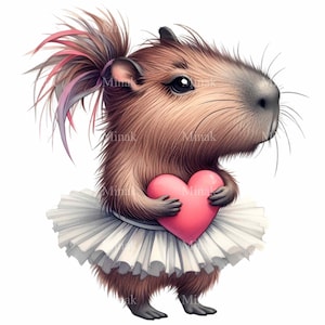 K&ouml;nnte beinhalten: Ein Cartoon-Capybara, das ein wei&szlig;es Tutu tr&auml;gt und ein rosa Herz h&auml;lt. Das Capybara hat einen rosa-violetten Pferdeschwanz.