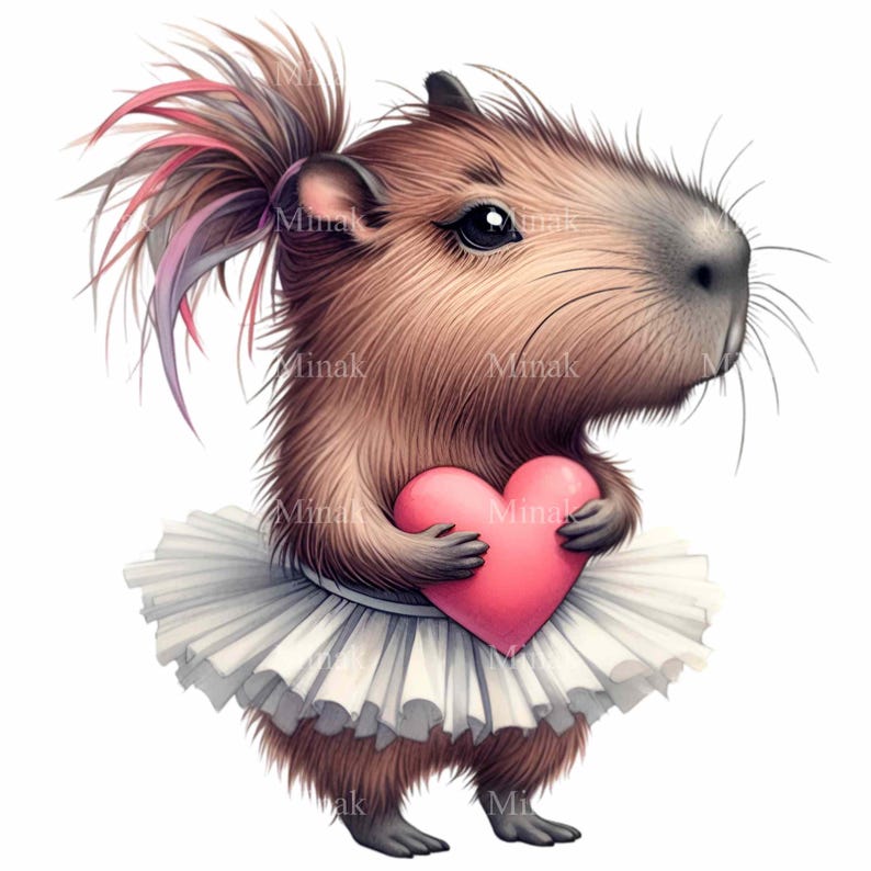 K&ouml;nnte beinhalten: Ein Cartoon-Capybara, das ein wei&szlig;es Tutu tr&auml;gt und ein rosa Herz h&auml;lt. Das Capybara hat einen rosa-violetten Pferdeschwanz.