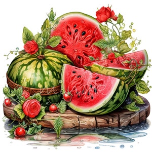 Paquete de imágenes prediseñadas de sandía PNG, 15 ilustraciones de alimentos de frutas de verano en acuarela, imágenes prediseñadas, imprimibles, descargas digitales
