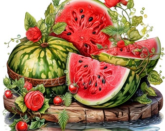 Watermelon Clipart Bundle PNG, 15 Watercolor Summer Fruit Food Illustration, Clip Art, Printable, Digital Downloads