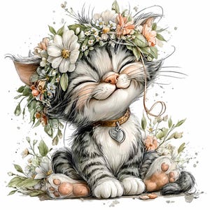 15 PNG Floral Kitten Clipart – Cute Cat PNG – Whimsical Pet Illustration for Nursery Wall Art, Baby Shower Decor, Kids Room Prints, Digital