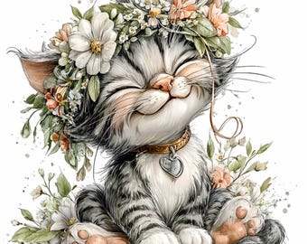 15 PNG Blommig Kattunge Clipart – Söt Katt PNG – Nyckfull Husdjursillustration för Väggkonst för Barnrum, Babyshowerdekor, Barnrumstryck, Digitalt