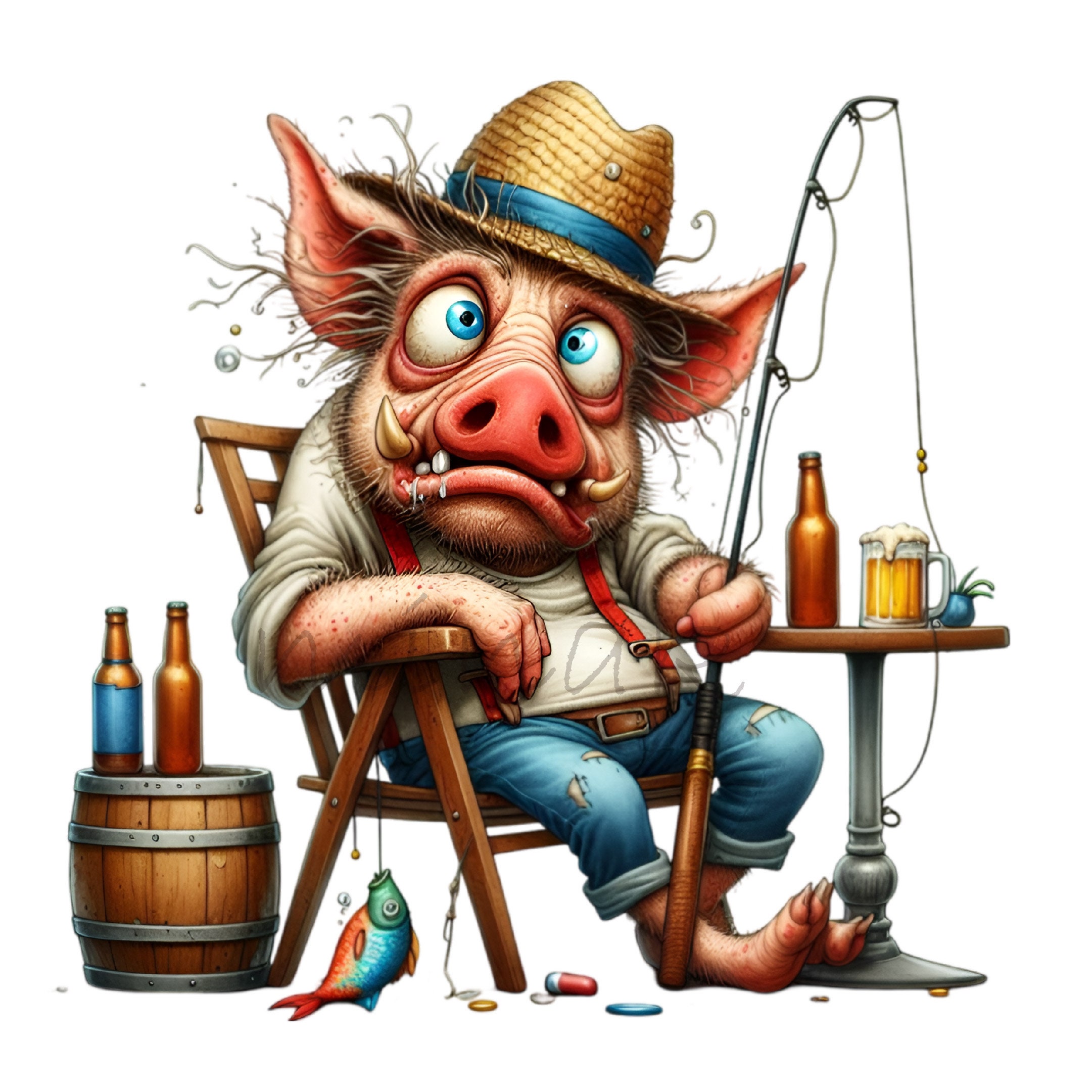 15 PNG Angeln Schwein Clipart - lustiges Wildschwein PNG - Cartoon Tier Kunst für Bierliebhaber, Humor Handwerk, T-Shirt Design, rustikale Dekoration, Geschenkidee