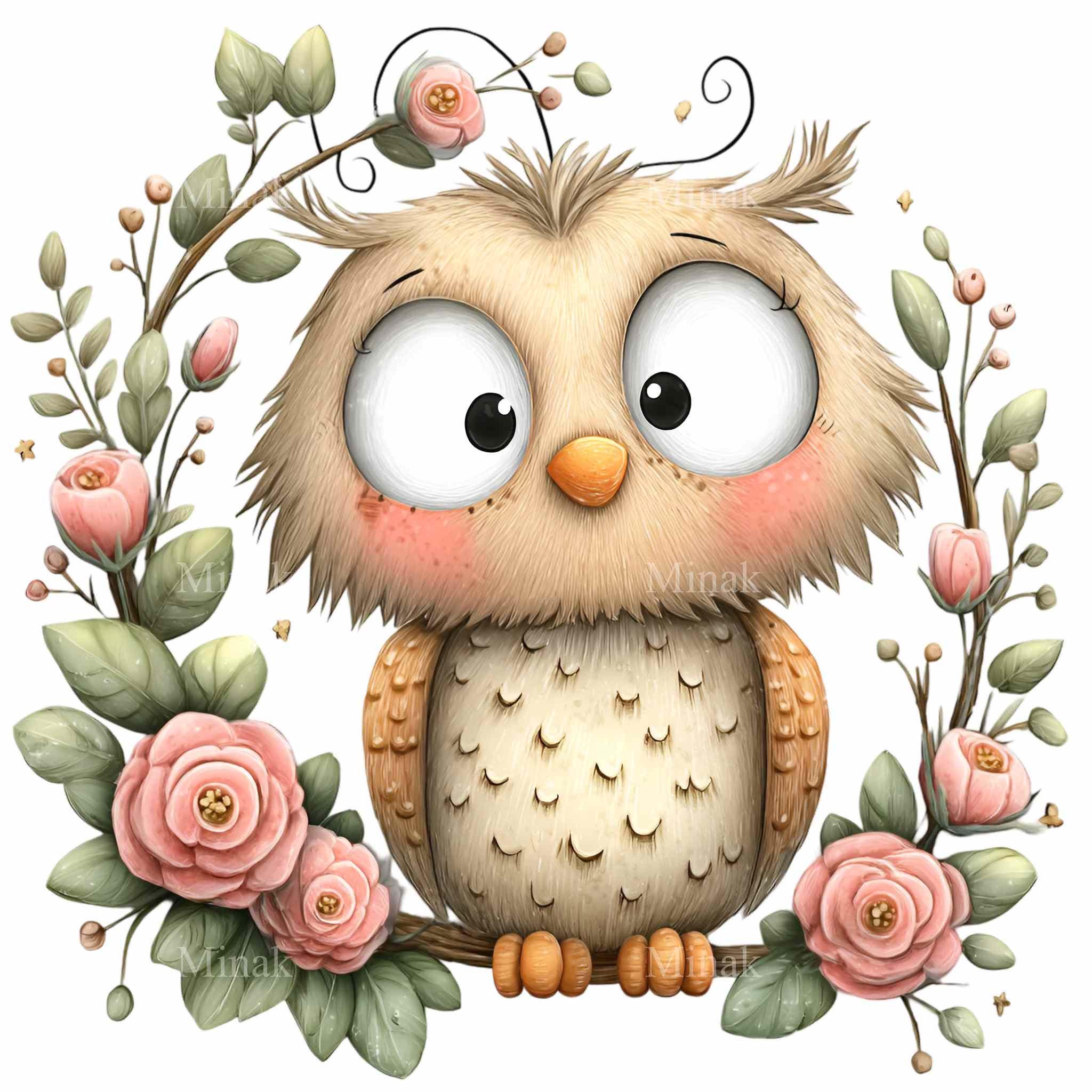 15 PNG Cute Owl Clipart – Woodland Animal PNG for Sublimation, Floral Owl Illustration, Rustic