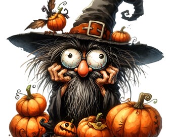 12 imagens PNG de Halloween com chapéu de bruxa, abóbora, gnomo e mago.